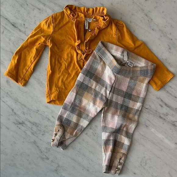 Janie and Jackie, Baby Girl Ruffle Cuff Shirt & Plaid Pant, Set, 6 -12 Month - Picture 1 of 5
